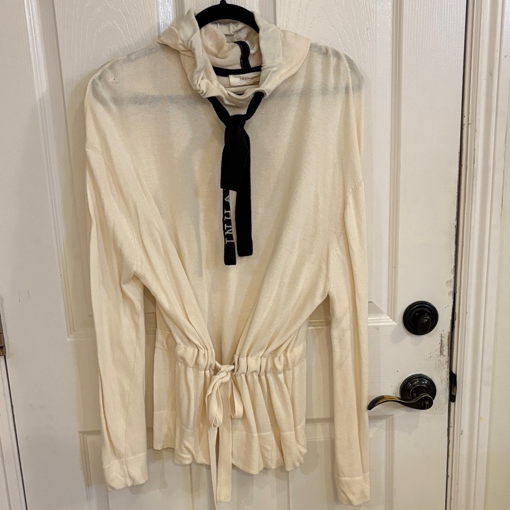 Inhabit Cream Hooded Sweatshirt with Black Tie